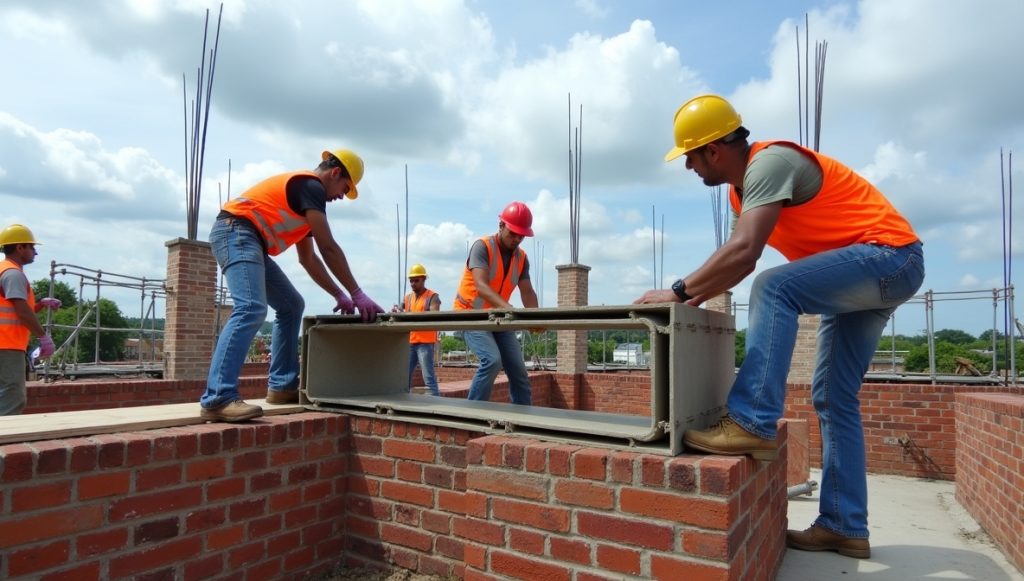 Szakmunkások téglafalon betonkoszorú zsaluzatát szerelik támasztékokkal
