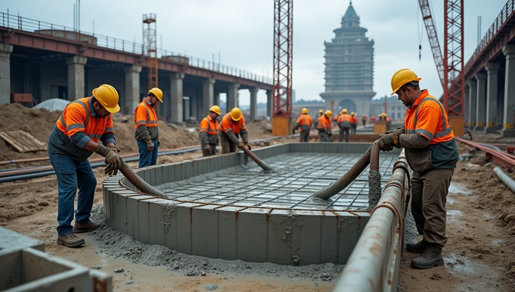 Betonozás koszorú zsaluzatba betonpumpával vasalással és vibrátorral