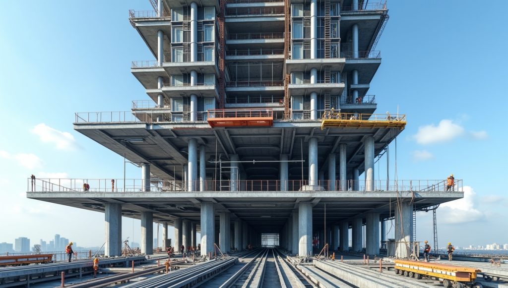 Modern csúszózsalu rendszer felhőkarcoló építkezésen hidraulikus emelőkkel