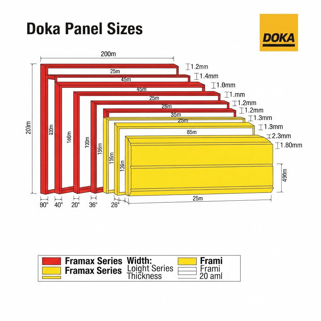 Doka zsalupanel típusok összehasonlító táblázata méretekkel és színkódolással