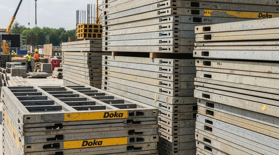 Különböző típusú Doka zsalutáblák szakszerűen tárolva egy építkezésen