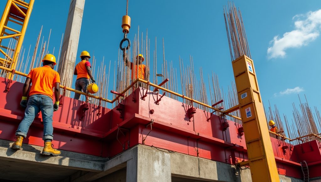 Doka zsalurendszer használata építkezésen, munkások piros-sárga paneleket szerelnek