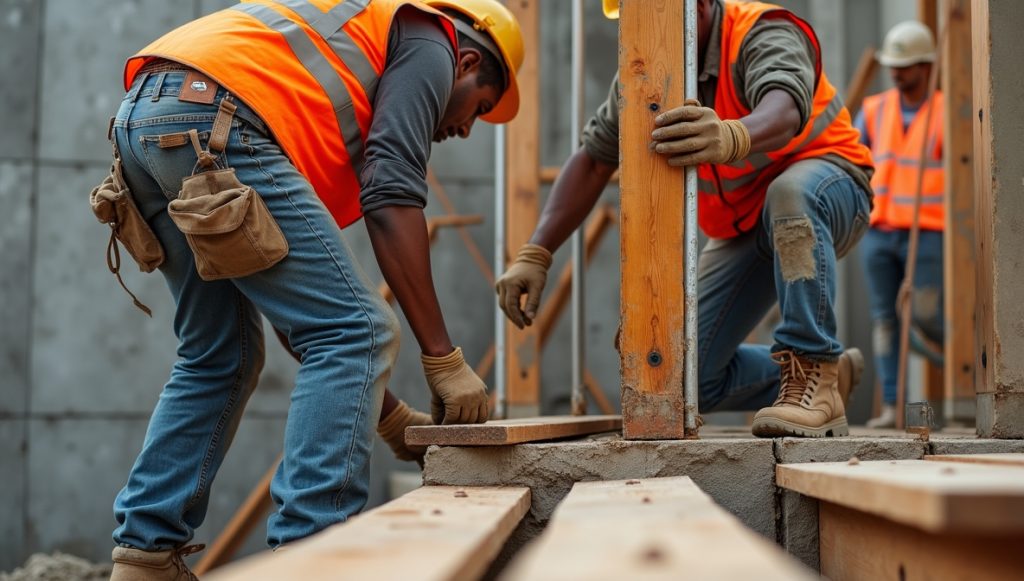 Építőmunkások fal zsaluzatot állítanak fel minőségi zsalutáblákkal