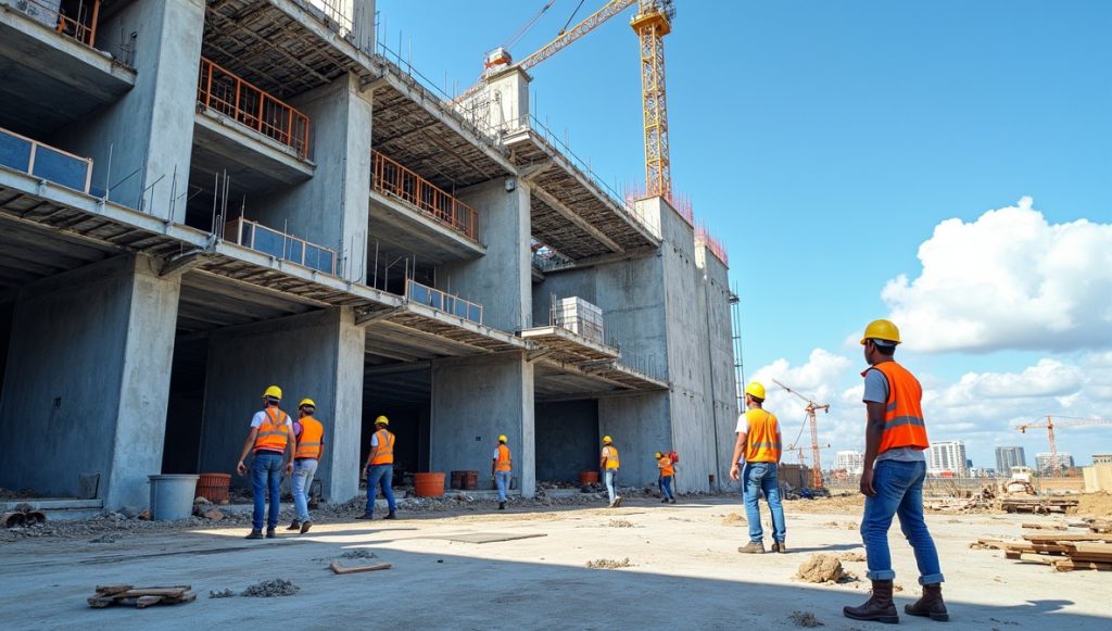Fém zsalurendszer betonfalon építkezésen munkavédelmi felszerelésben dolgozókkal