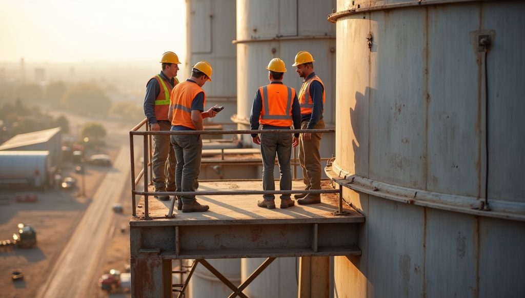 Elkészült gabonasiló csúszózsaluval a tetején, munkásokkal méretarány bemutatásához