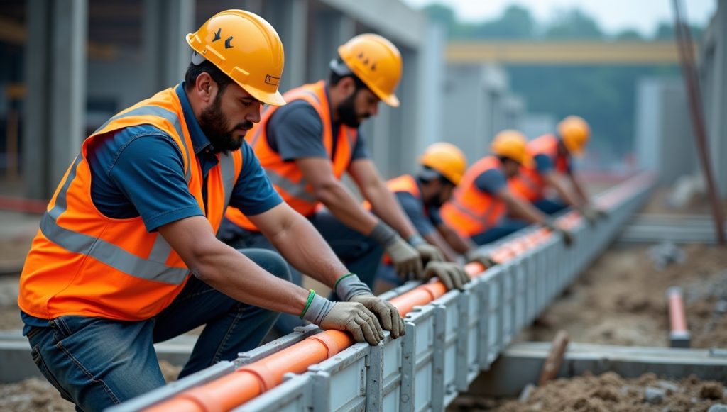 Munkások modern műanyag-fém oszlopzsalut szerelnek gyors telepítéssel