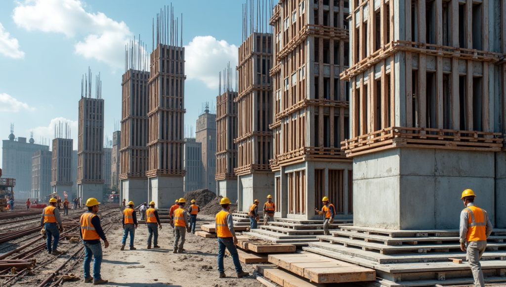 Építkezésen különböző oszlopzsalu rendszerek egyidejű használata szerelés közben