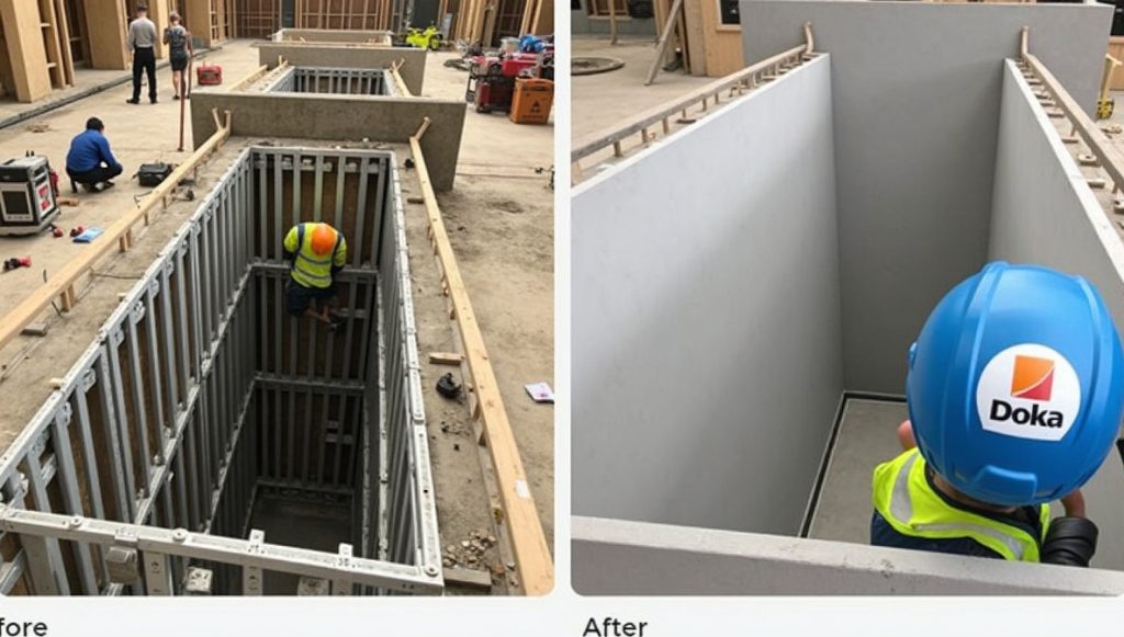 Pincefal építése Doka zsalurendszerrel előtte-utána összehasonlítás