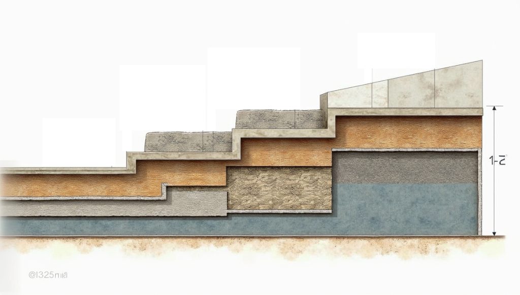 Többrétegű zsalurendszer keresztmetszeti rajza díszítő betonfelület készítéséhez