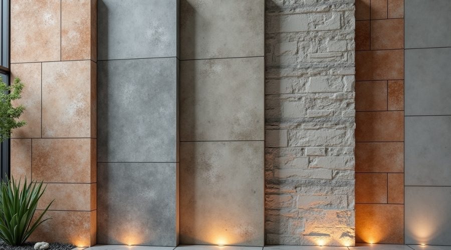 Modern díszítő betonfelület különböző textúrákkal hagyományos kőzsalu nélkül