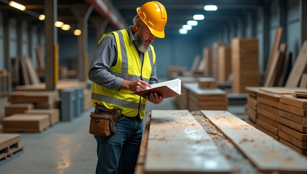 Építésvezető zsalupanelek minőségét ellenőrzi raktári környezetben