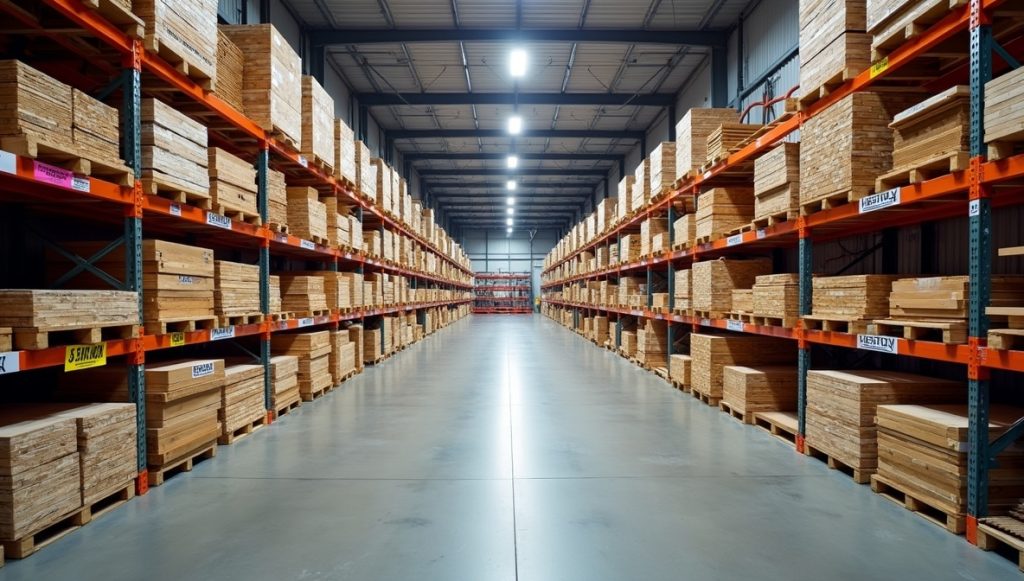 Rendezett raktárban tárolt tiszta zsalutáblák címkézett polcrendszeren