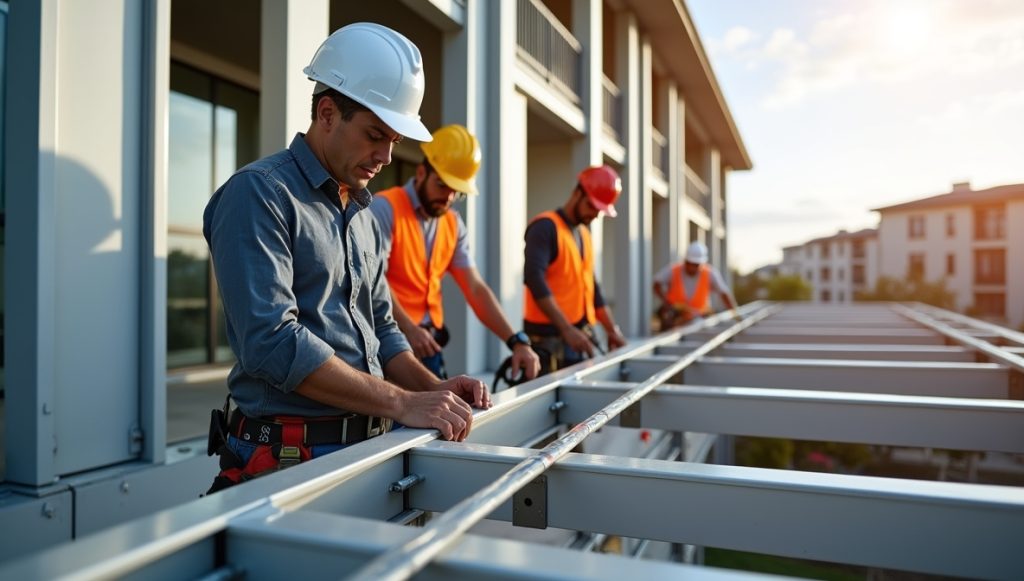 Építőmunkások alumínium zsaluzatot szerelnek lakóépület építkezésén védőfelszerelésben