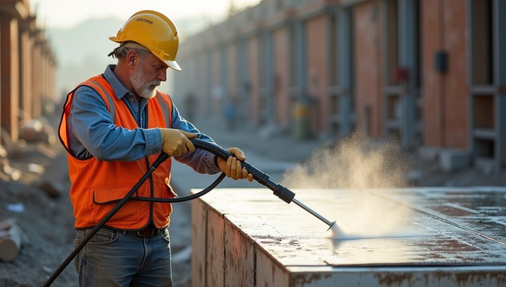 Munkás fém zsalutáblákat tisztít nagynyomású mosóval karbantartás során