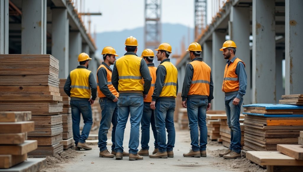 Építkezésen rendezetten tárolt különböző zsalutáblák fa és műanyag bevonattal